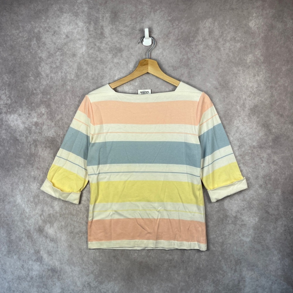 VTG 80s Country Suburbans Striped Top Pastel Colors 3/4 Sleeve Square Neck - Picture 3 of 5